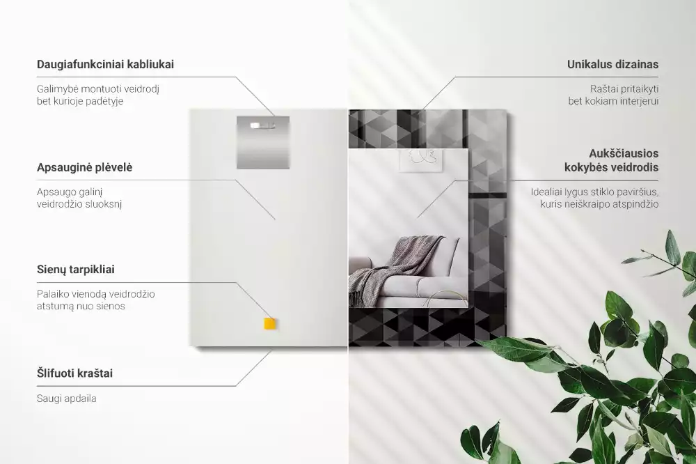 Négyszögletes tükör fali dísz Fekete és szürke háromszögek