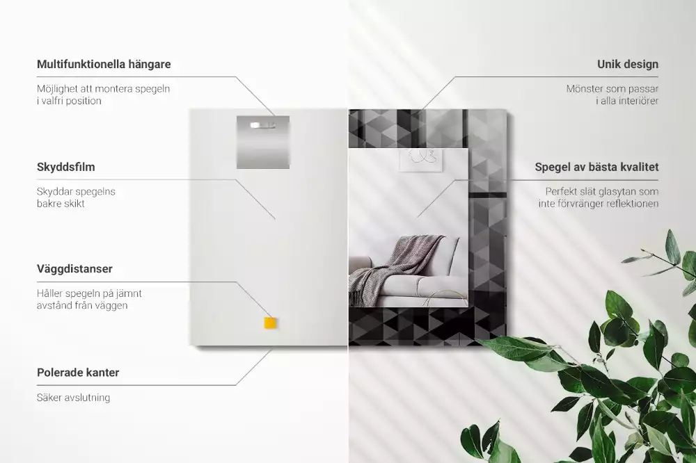 Négyszögletes tükör fali dísz Fekete és szürke háromszögek