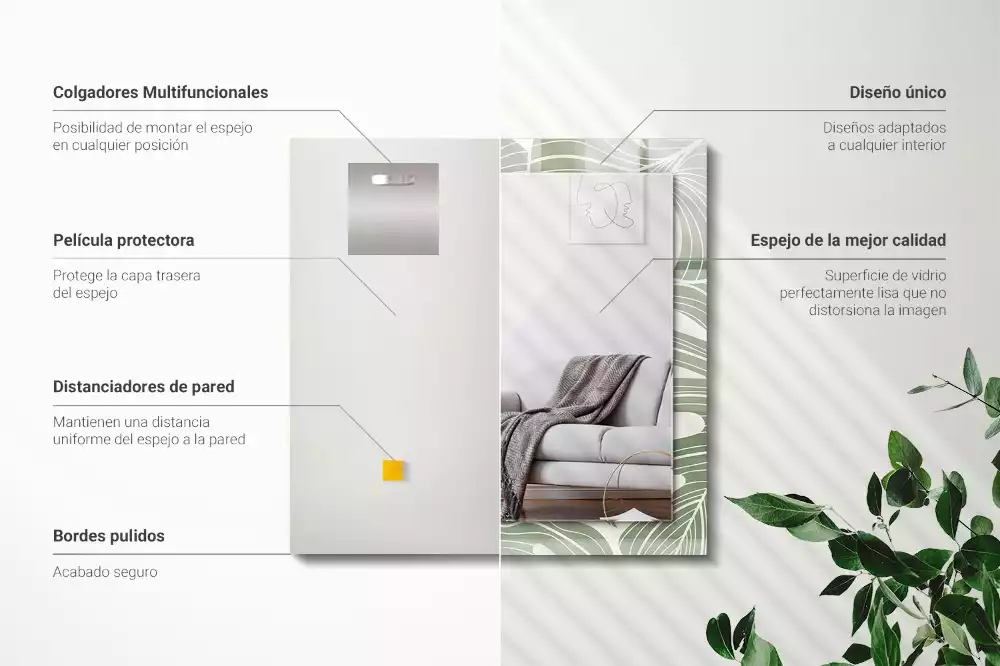 Négyszögletes tükör fali dísz Monstera levelek