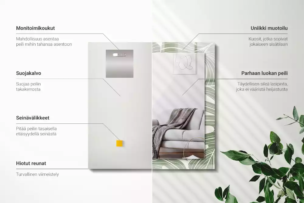 Négyszögletes tükör fali dísz Monstera levelek