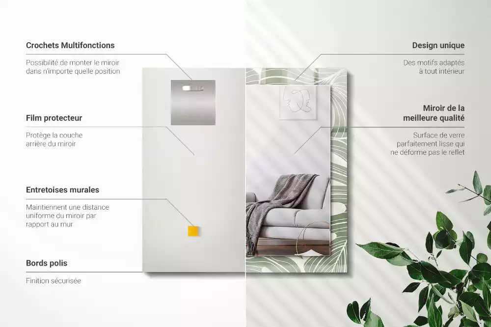 Négyszögletes tükör fali dísz Monstera levelek