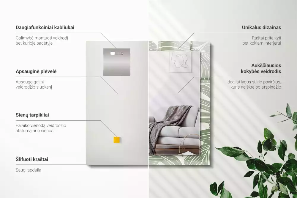 Négyszögletes tükör fali dísz Monstera levelek