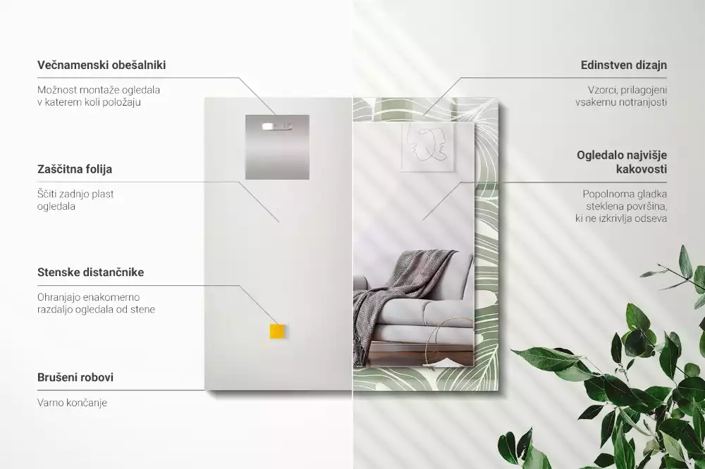 Négyszögletes tükör fali dísz Monstera levelek