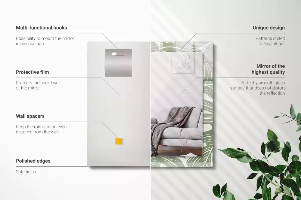 Négyszögletes tükör fali dísz Monstera levelek