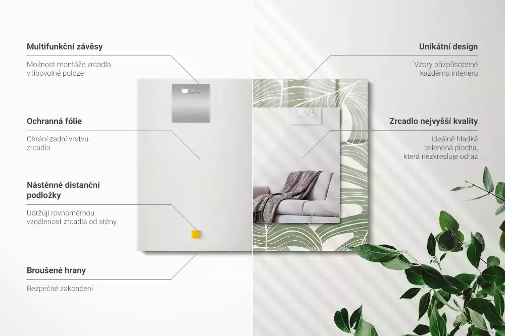Négyszögletes tükör fali dísz Monstera levelek