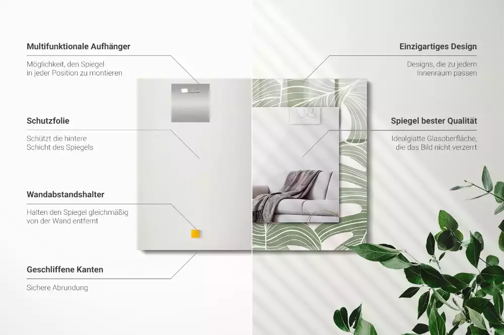 Négyszögletes tükör fali dísz Monstera levelek