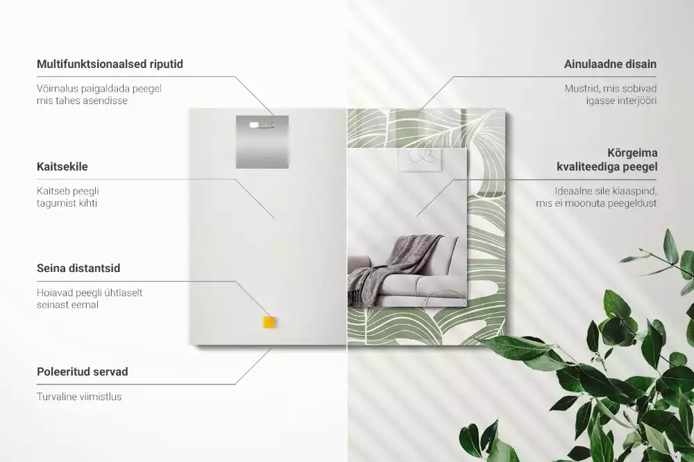 Négyszögletes tükör fali dísz Monstera levelek