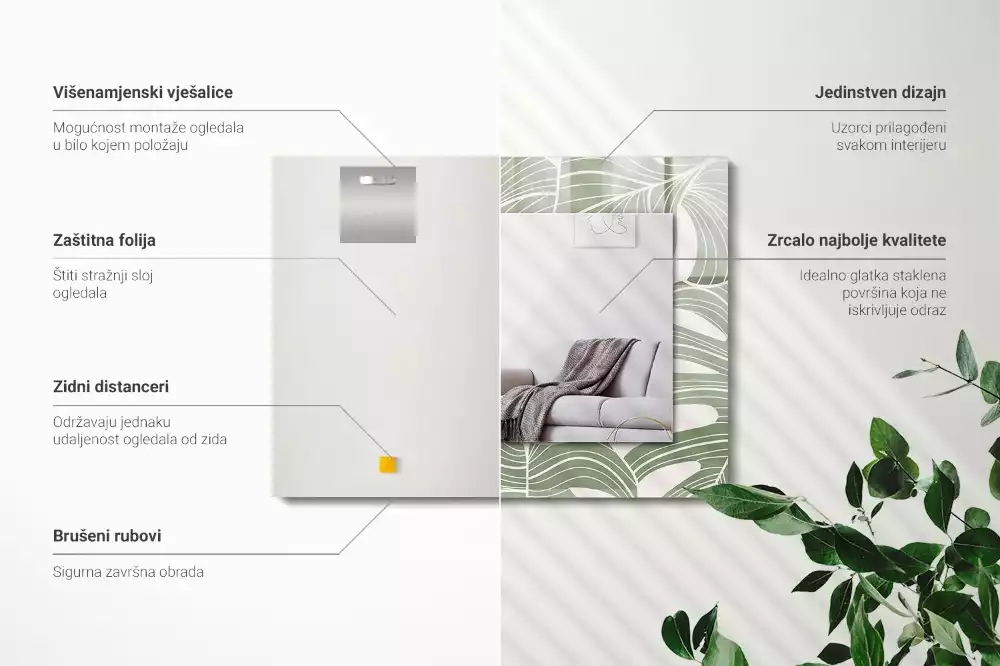 Négyszögletes tükör fali dísz Monstera levelek