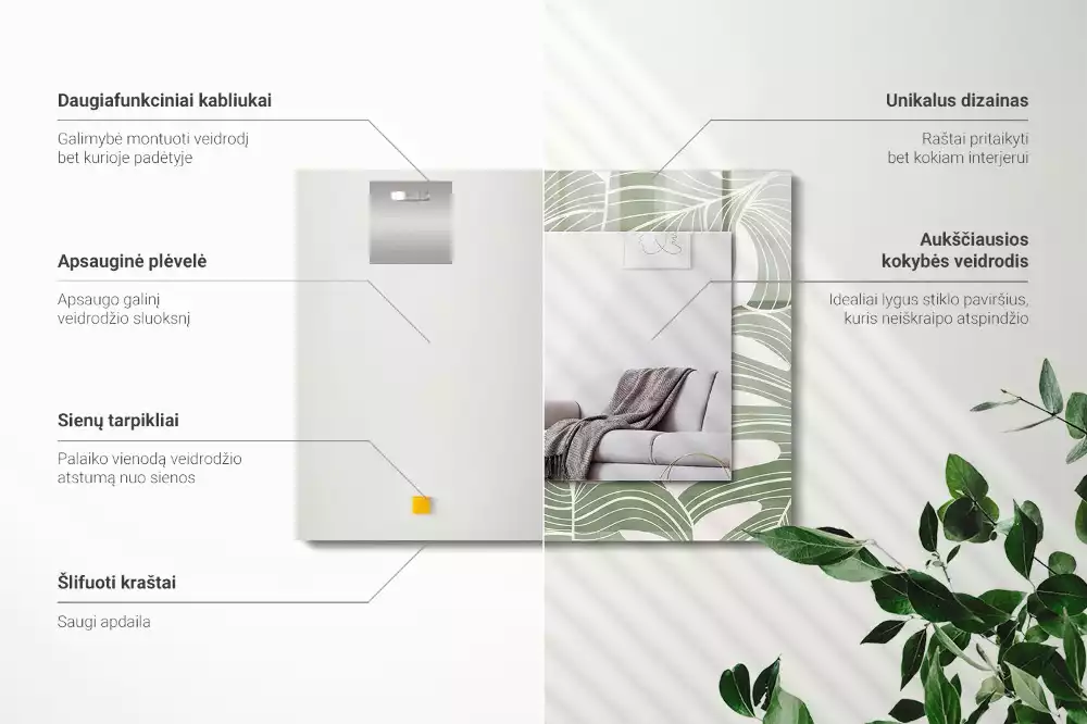 Négyszögletes tükör fali dísz Monstera levelek