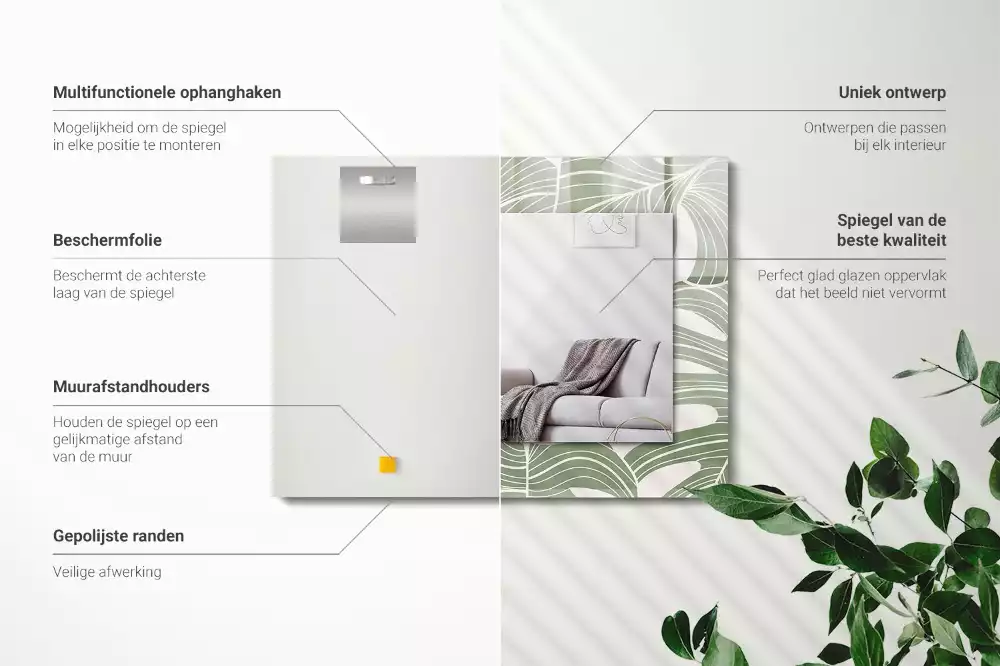 Négyszögletes tükör fali dísz Monstera levelek