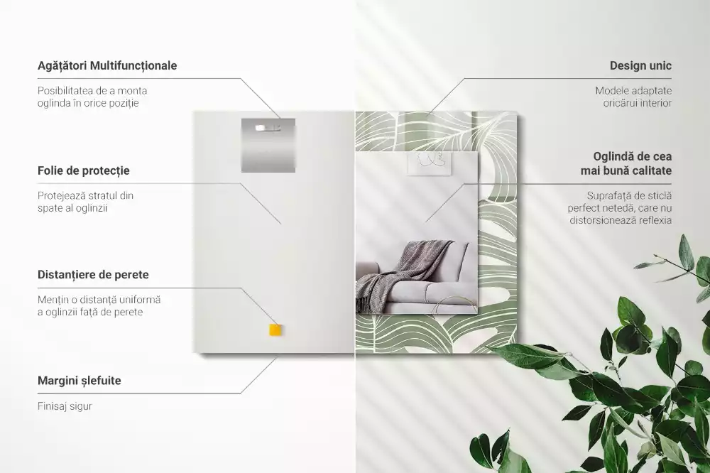 Négyszögletes tükör fali dísz Monstera levelek