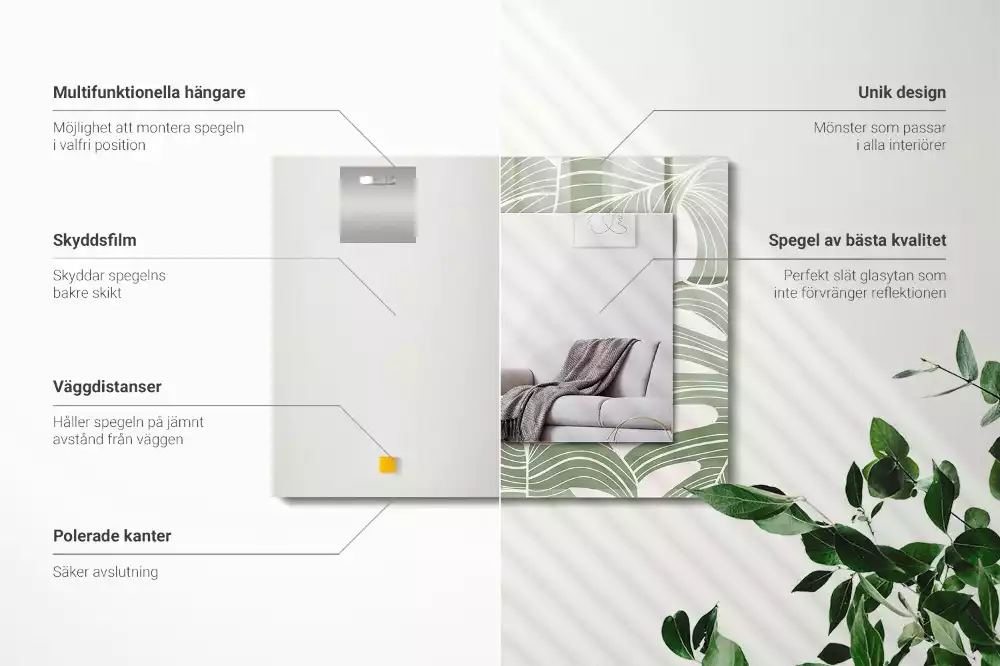 Négyszögletes tükör fali dísz Monstera levelek