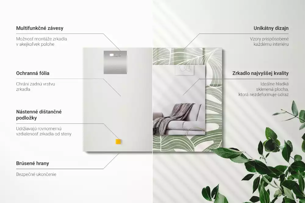 Négyszögletes tükör fali dísz Monstera levelek